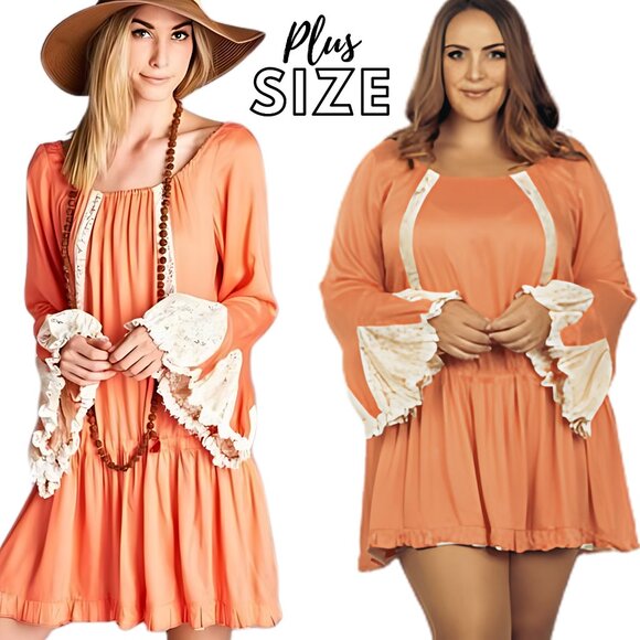 PLUS Size 2X Coral Pink Boho Style Lace Hem Bell Sleeve Tunic Top Dress NWT NEW - Picture 1 of 3